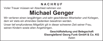 Traueranzeige von Michael Genger von Schwäbische Post