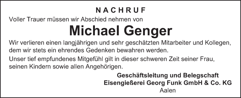  Traueranzeige für Michael Genger vom 06.04.2022 aus Schwäbische Post