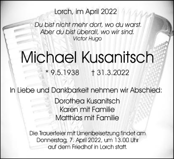 Traueranzeige von Michael Kusanitsch von Gmünder Tagespost