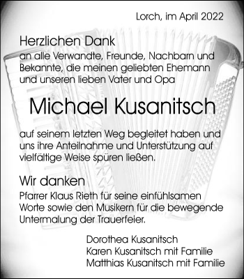 Traueranzeige von Michael Kusanitsch von Gmünder Tagespost