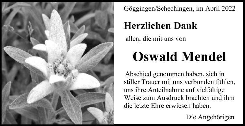  Traueranzeige für Oswald Mendel vom 09.04.2022 aus Gmünder Tagespost