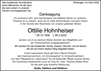 Traueranzeige von Ottilie Hohnheiser von Schwäbische Post
