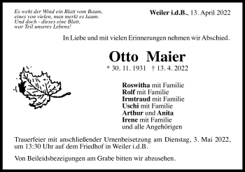 Traueranzeige von Otto Maier von Gmünder Tagespost