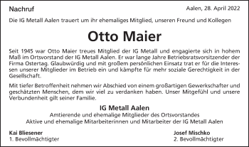 Traueranzeige von Otto Maier von Schwäbische Post