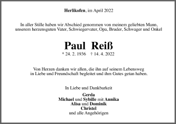 Traueranzeige von Paul Reiß von Gmünder Tagespost