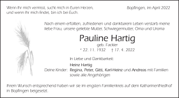 Traueranzeige von Pauline Hartig von Schwäbische Post