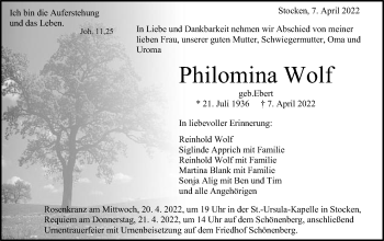 Traueranzeige von Philomina Wolf von Schwäbische Post