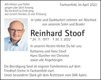 Traueranzeige von Reinhard Stoof von Schwäbische Post