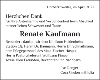 Traueranzeige von Renate Kaufmann von Schwäbische Post