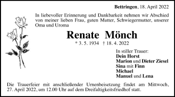 Traueranzeige von Renate Mönch von Gmünder Tagespost