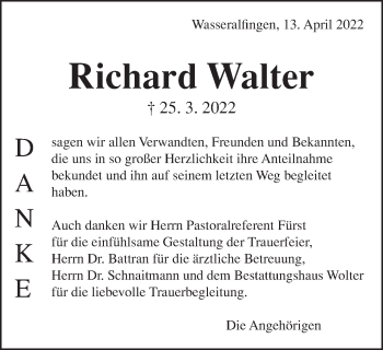 Traueranzeige von Richard Walter von Schwäbische Post