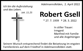 Traueranzeige von Robert Gsell von Schwäbische Post