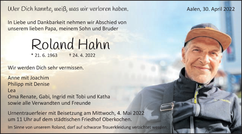  Traueranzeige für Roland Hahn vom 30.04.2022 aus Schwäbische Post