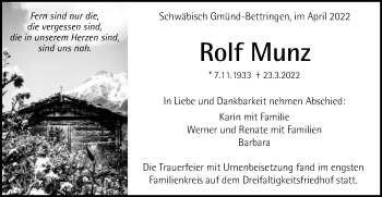 Traueranzeige von Rolf Munz von Gmünder Tagespost