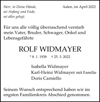 Traueranzeige von Rolf Widmayer von Schwäbische Post