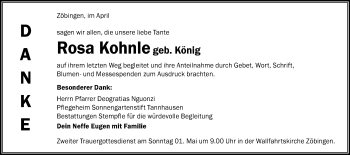 Traueranzeige von Rosa Kohnle von Schwäbische Post