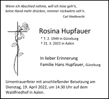 Traueranzeige von Rosina Hupfauer von Schwäbische Post