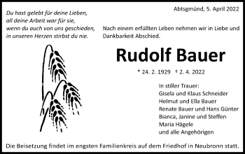 Traueranzeige von Rudolf Bauer von Schwäbische Post