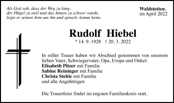 Traueranzeige von Rudolf Hiebel von Gmünder Tagespost