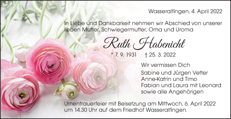  Traueranzeige für Ruth Habenicht vom 04.04.2022 aus Schwäbische Post