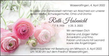 Traueranzeige von Ruth Habenicht von Schwäbische Post