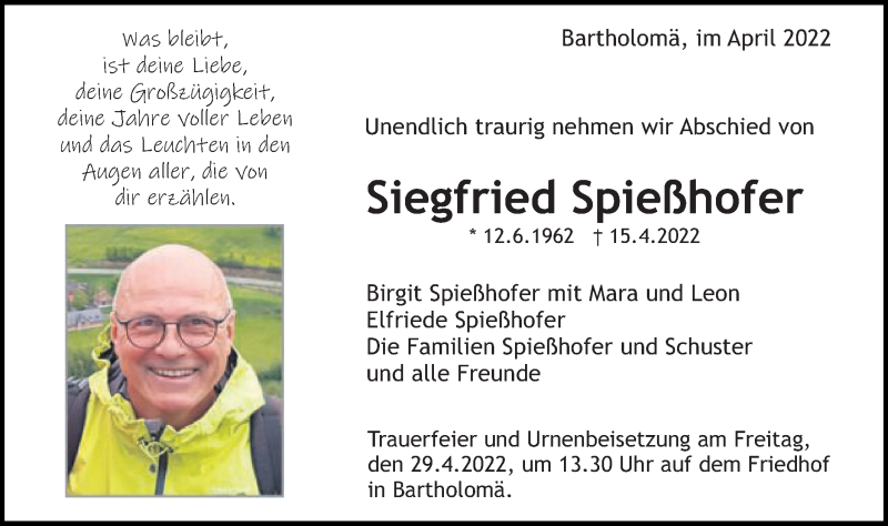  Traueranzeige für Siegfried Spießhofer vom 27.04.2022 aus Gmünder Tagespost
