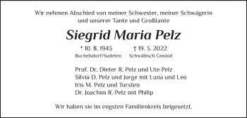 Traueranzeige von Siegrid Maria Pelz von Gmünder Tagespost