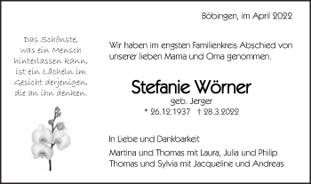 Traueranzeige von Stefanie Wörner von Gmünder Tagespost