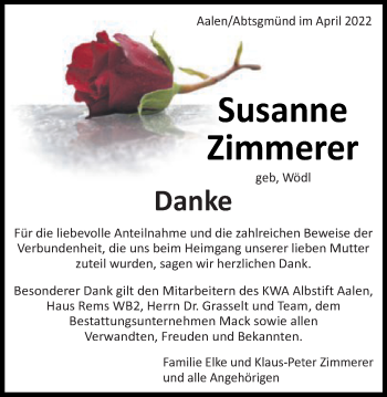 Traueranzeige von Susanne Zimmerer von Schwäbische Post