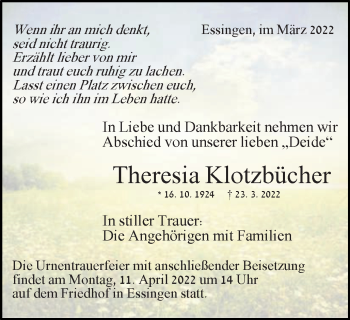 Traueranzeige von Theresia Klotzbücher von Schwäbische Post