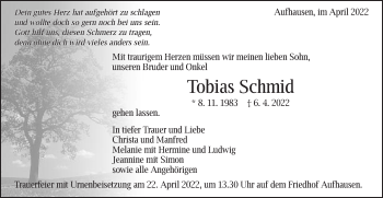 Traueranzeige von Tobias Schmid von Schwäbische Post