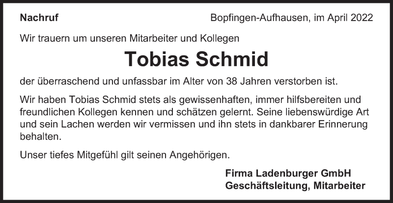  Traueranzeige für Tobias Schmid vom 09.04.2022 aus Schwäbische Post