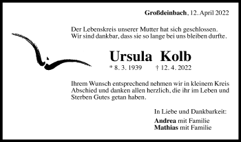 Traueranzeige von Ursula Kolb von Gmünder Tagespost