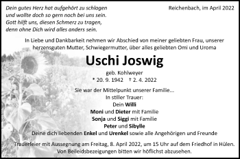 Traueranzeige von Uschi Joswig von Schwäbische Post