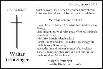 Traueranzeige von Walter Grötzinger von Gmünder Tagespost