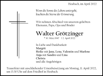Traueranzeige von Walter Grötzinger von Gmünder Tagespost