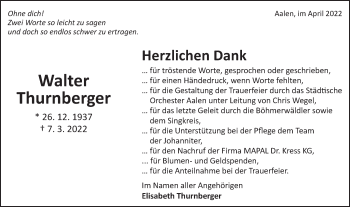 Traueranzeige von Walter Thurnberger von Schwäbische Post