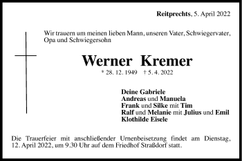Traueranzeige von Werner Kremer von Gmünder Tagespost