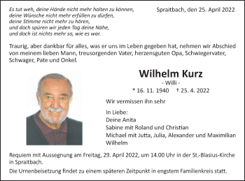 Traueranzeige von Wilhelm Kurz von Gmünder Tagespost