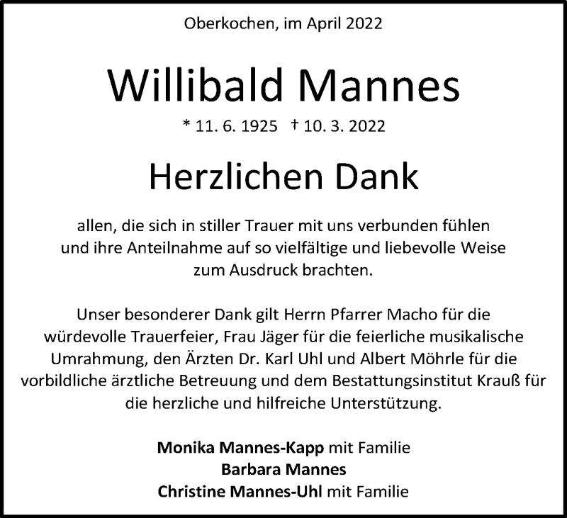  Traueranzeige für Willibald Mannes vom 08.04.2022 aus Amtsblatt_Oko