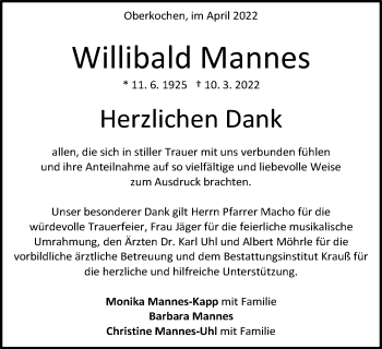 Traueranzeige von Willibald Mannes von Amtsblatt_Oko