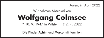 Traueranzeige von Wolfgang Colmsee von Schwäbische Post