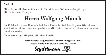 Traueranzeige von Wolfgang Münch von Schwäbische Post