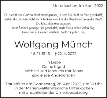 Traueranzeige von Wolfgang Münch von Schwäbische Post