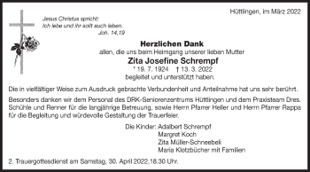Traueranzeige von Zita Josefine Schrempf von Schwäbische Post