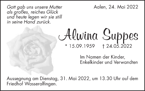 Traueranzeige von Alwina Suppes von Schwäbische Post
