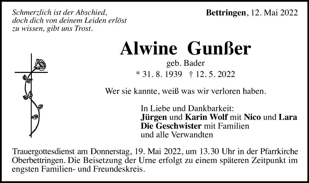  Traueranzeige für Alwine Gunßer vom 18.05.2022 aus Gmünder Tagespost