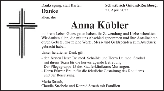 Traueranzeige von Anna Kübler von Gmünder Tagespost