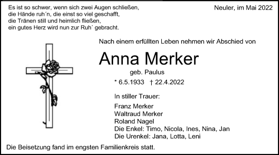 Traueranzeige von Anna Merker