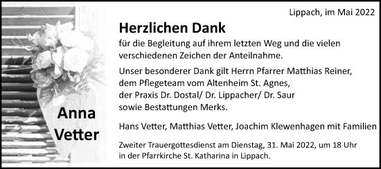 Traueranzeige von Anna Vetter von Schwäbische Post